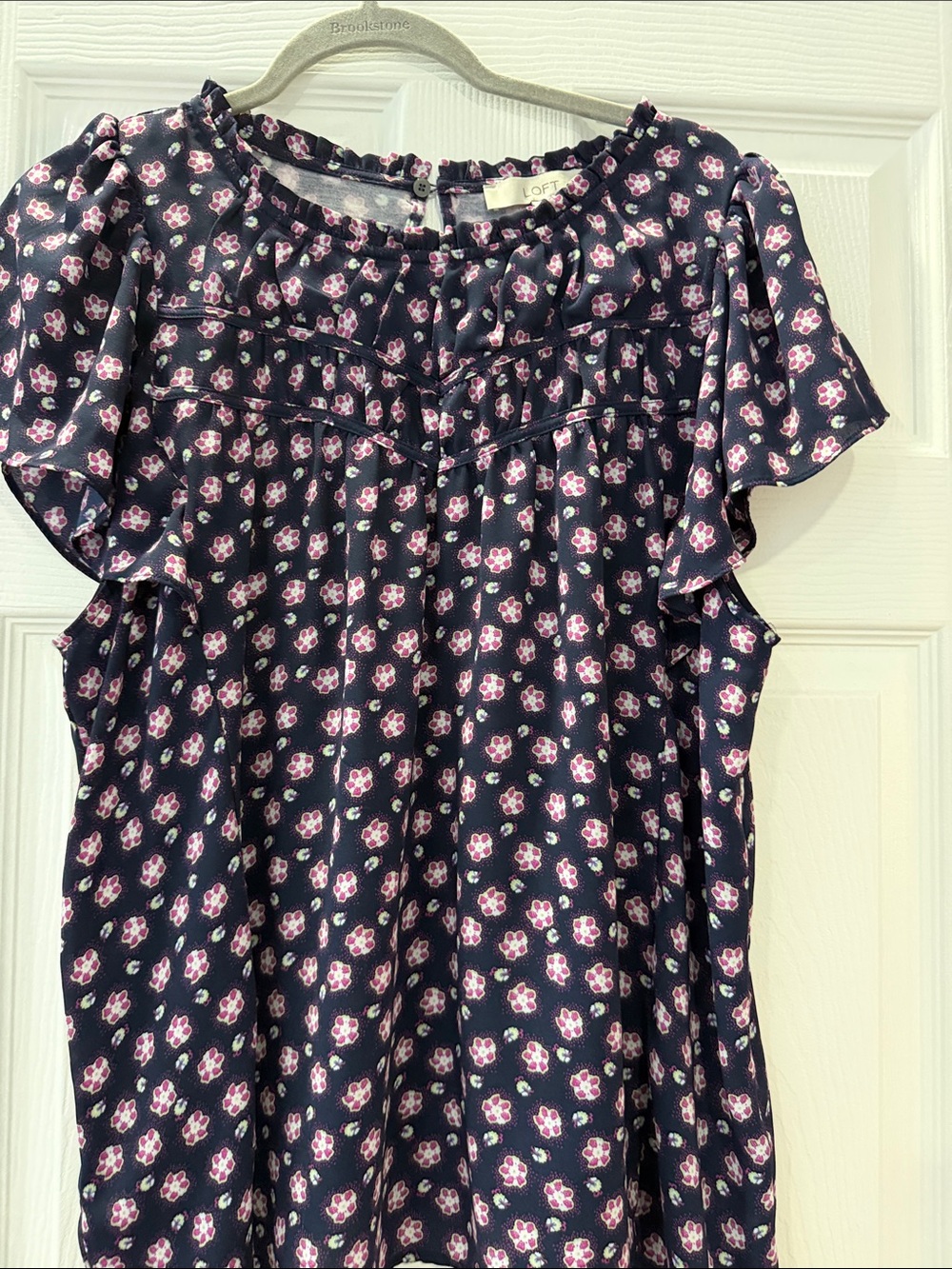 LOFT Navy Floral Flutter-Sleeve Blouse